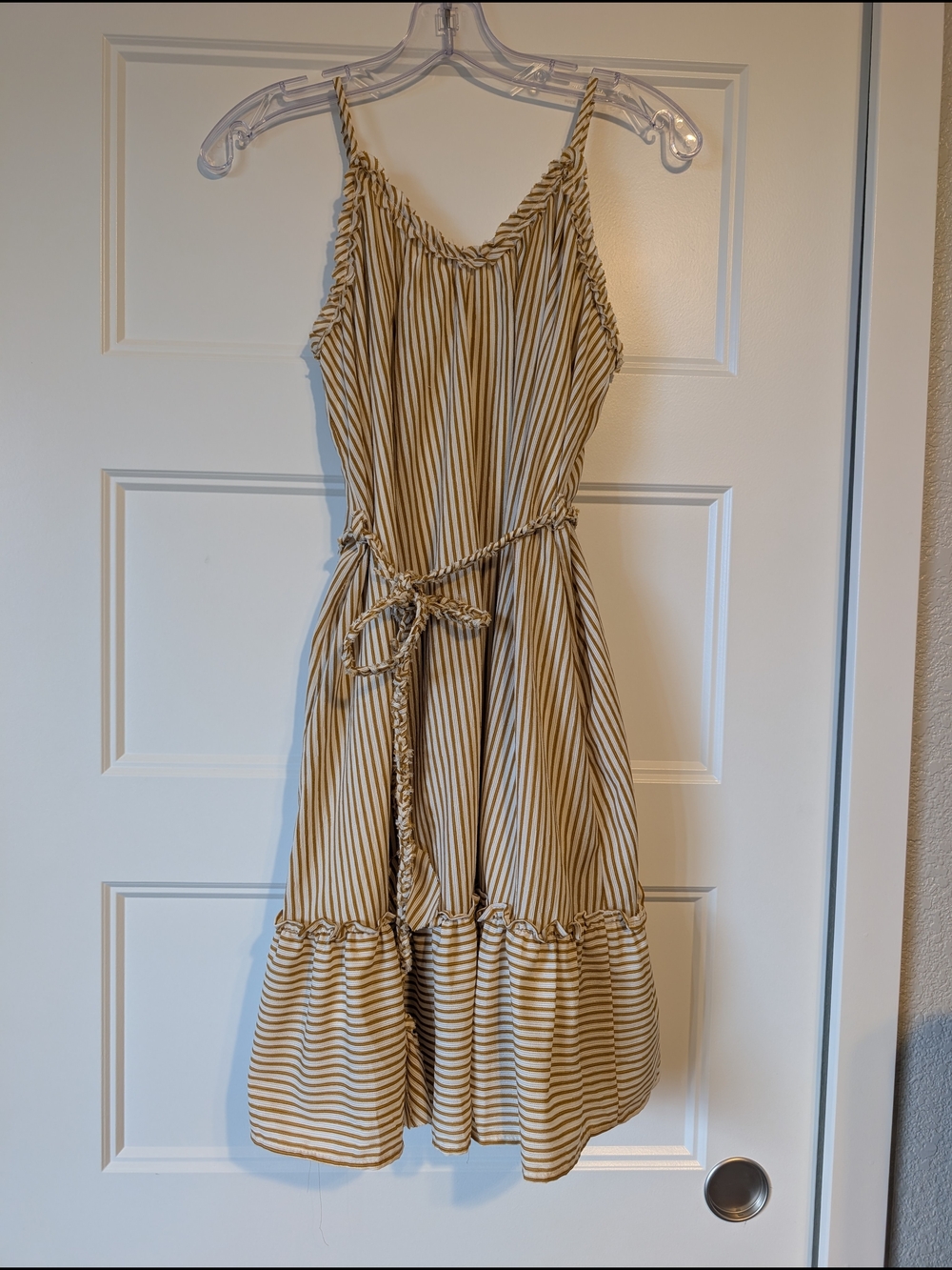 Hem & Thread Beige and White Striped Spaghetti Strap Dress